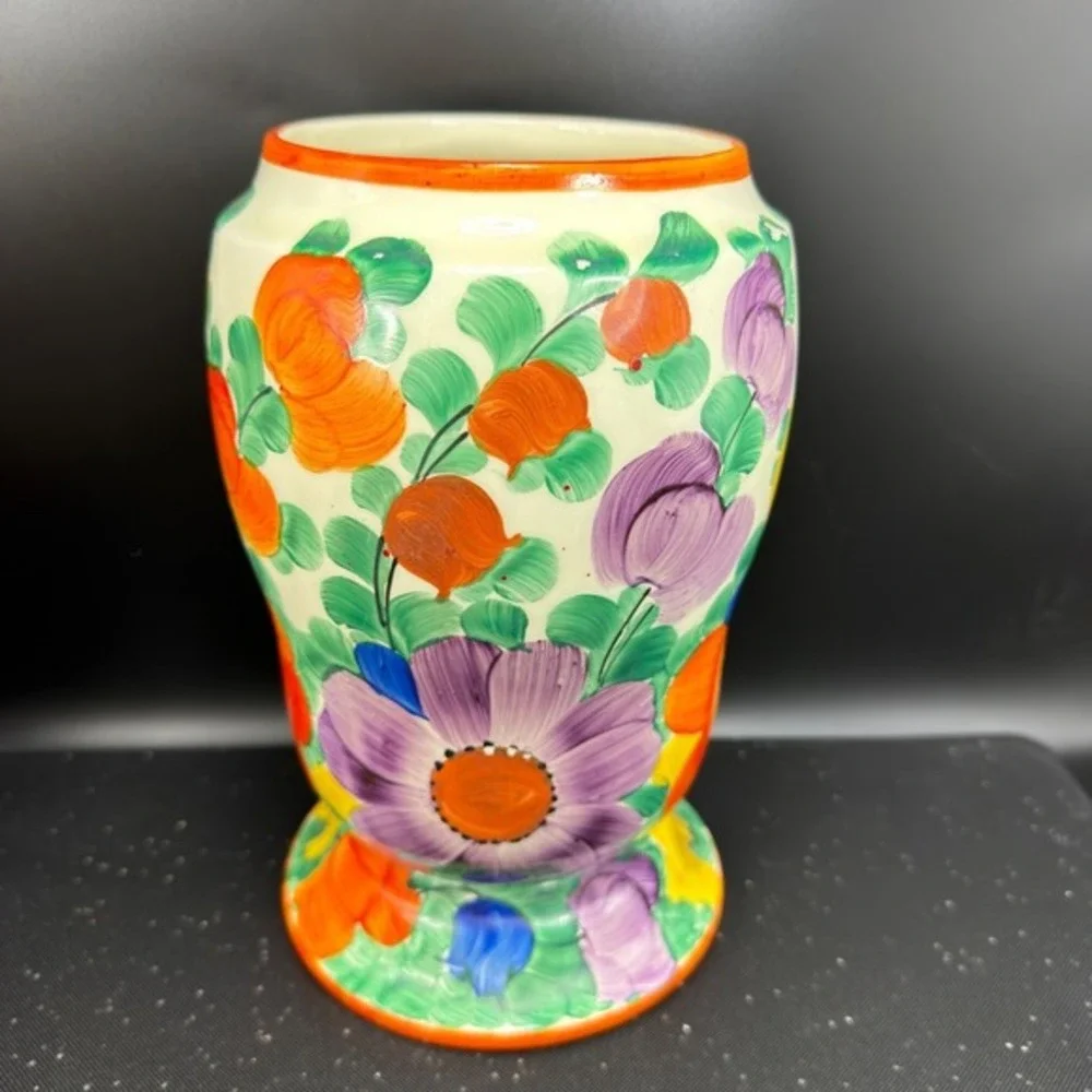 Vintage Czechoslovakia Hand Painted Floral Ceramic Vase Vessel Multi Color 1930s
